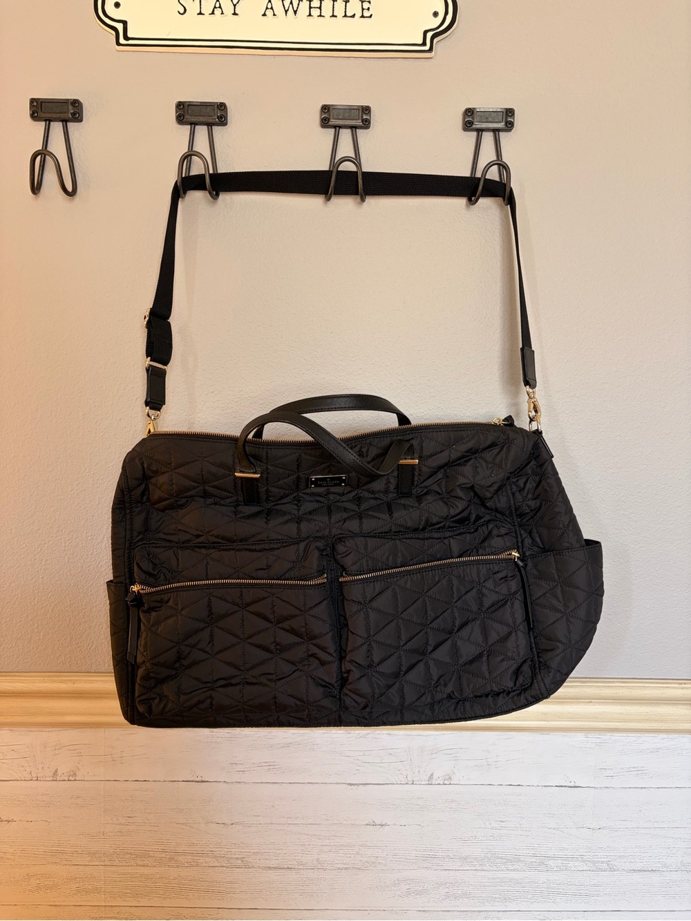 Large Kate Spade Black Quilted Duffle Bag with Gold Hardware